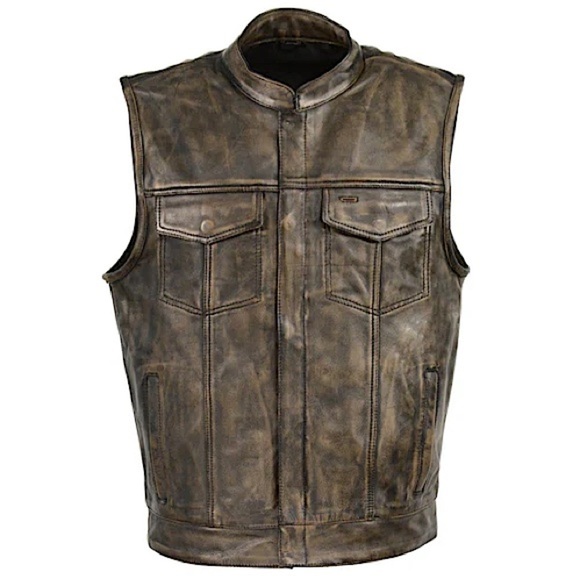HIGH MILEAGE • Men’s Premium Cowhide Brown SOA Biker Leather Motorcycle Vest - Picture 1 of 12